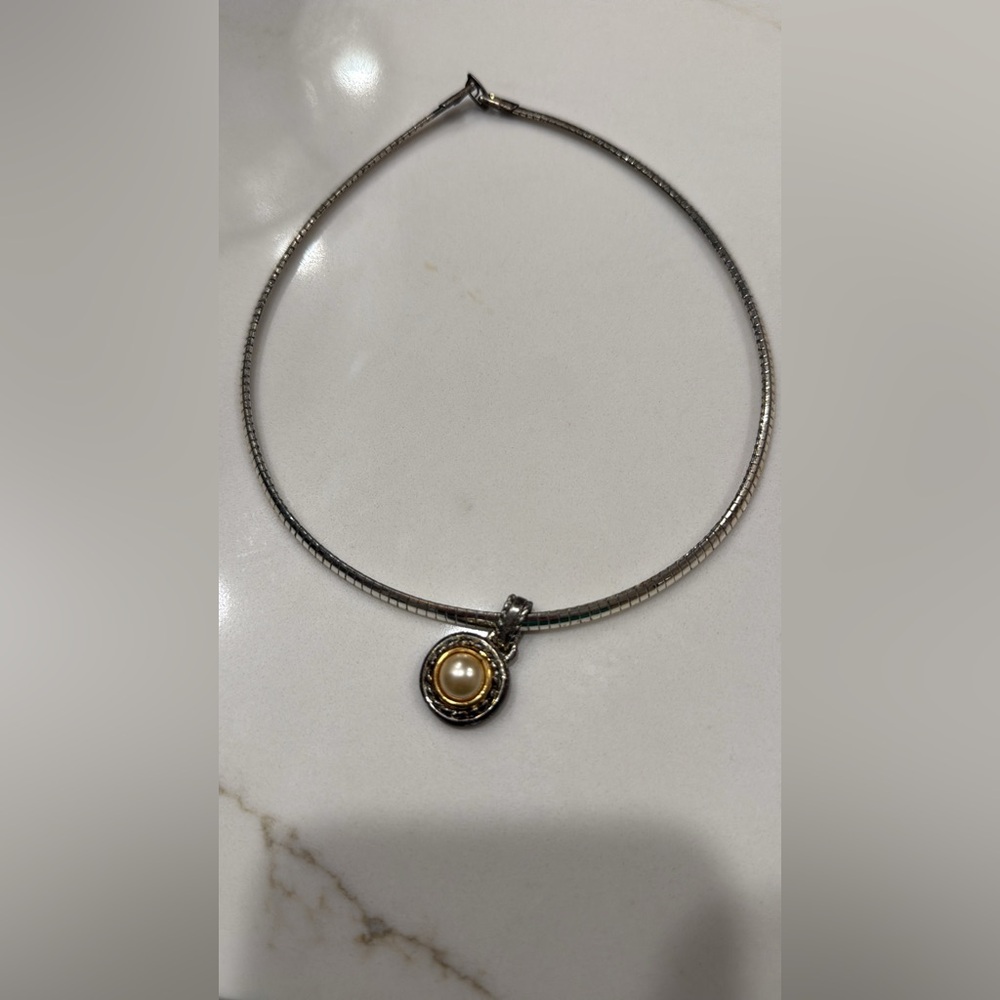 90s Silver and Gold Pearl Pendant Necklace
